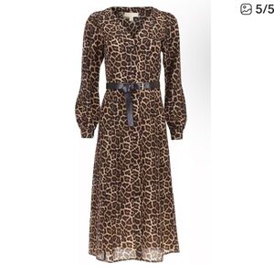 Michael Kors Leopard-Print Long Sleeve Midi Dress - M